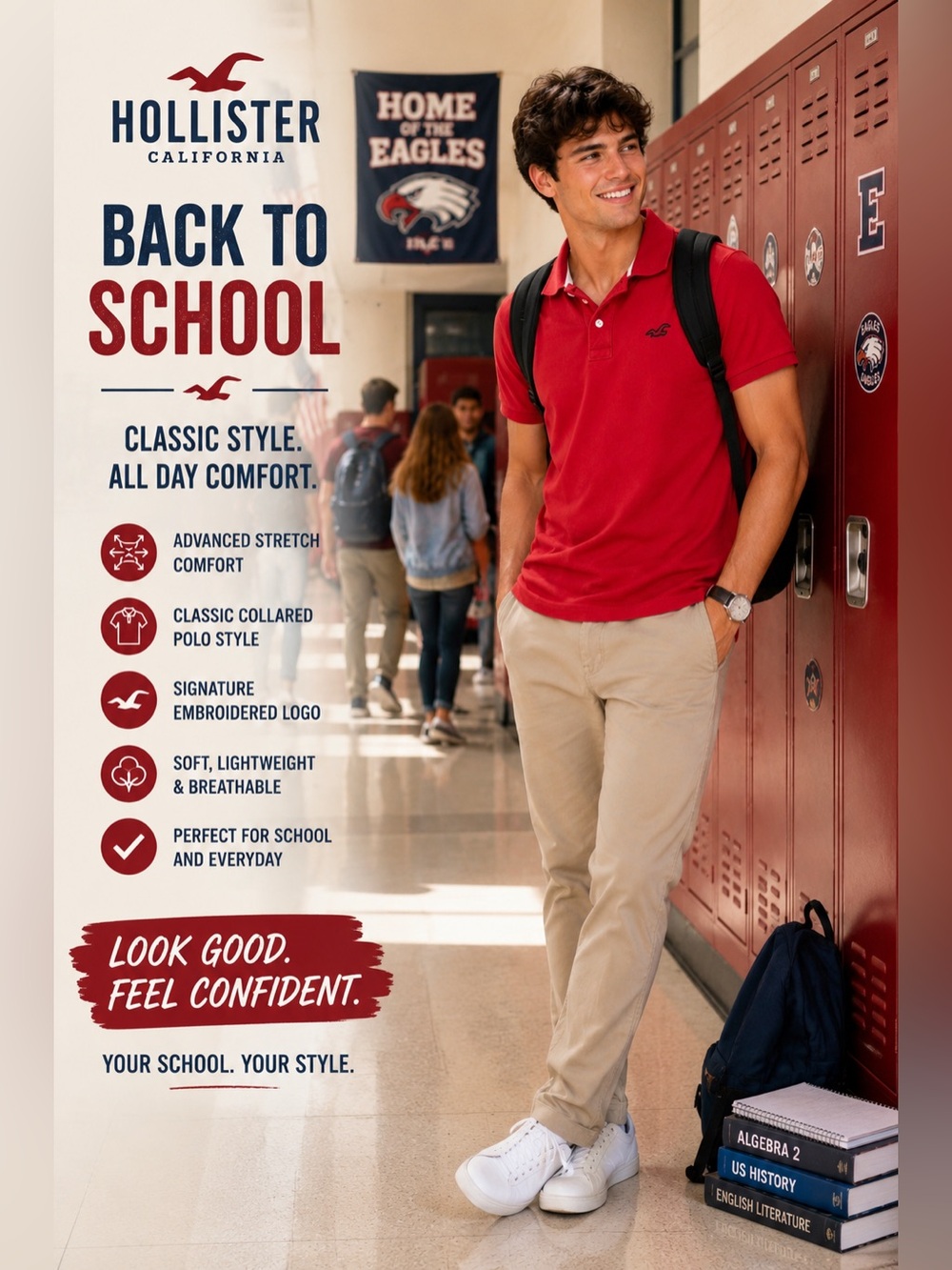 📍📚🏫Hollister Red Polo Shirt Men’s Medium Classic Casual Stretch Logo Tee